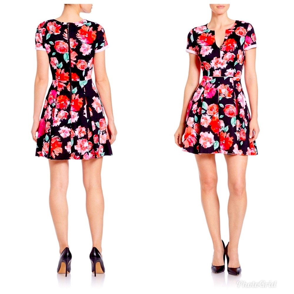 Scuba Guess Pleated Floral Fit-and-Flare Dress.